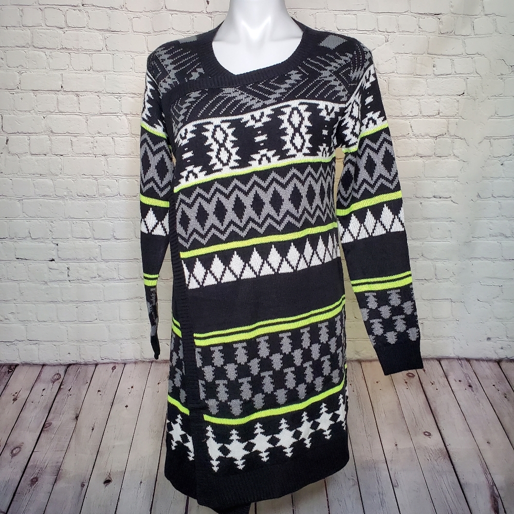 Lulumari Southwest Aztec Black and Neon Long Cardigan One Size